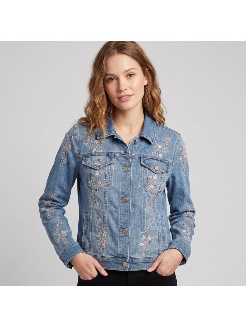 White House Black Market Women's Embroidered Blue Denim Jean Jacket in size M